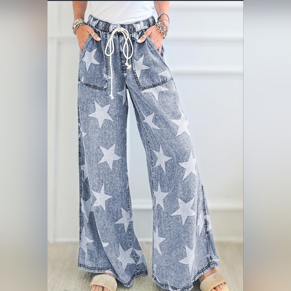 Pants - Light Blue Star Print Light Wash Drawstring High Waist Wide Leg Jeans